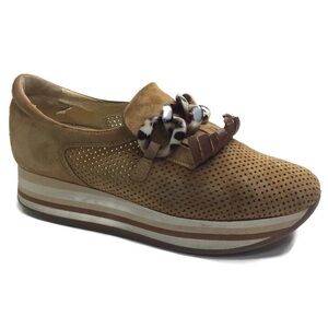 Softwaves Cadie Perforated Cognac Suede Fringe Slip-On Platform Sneakers Size 40